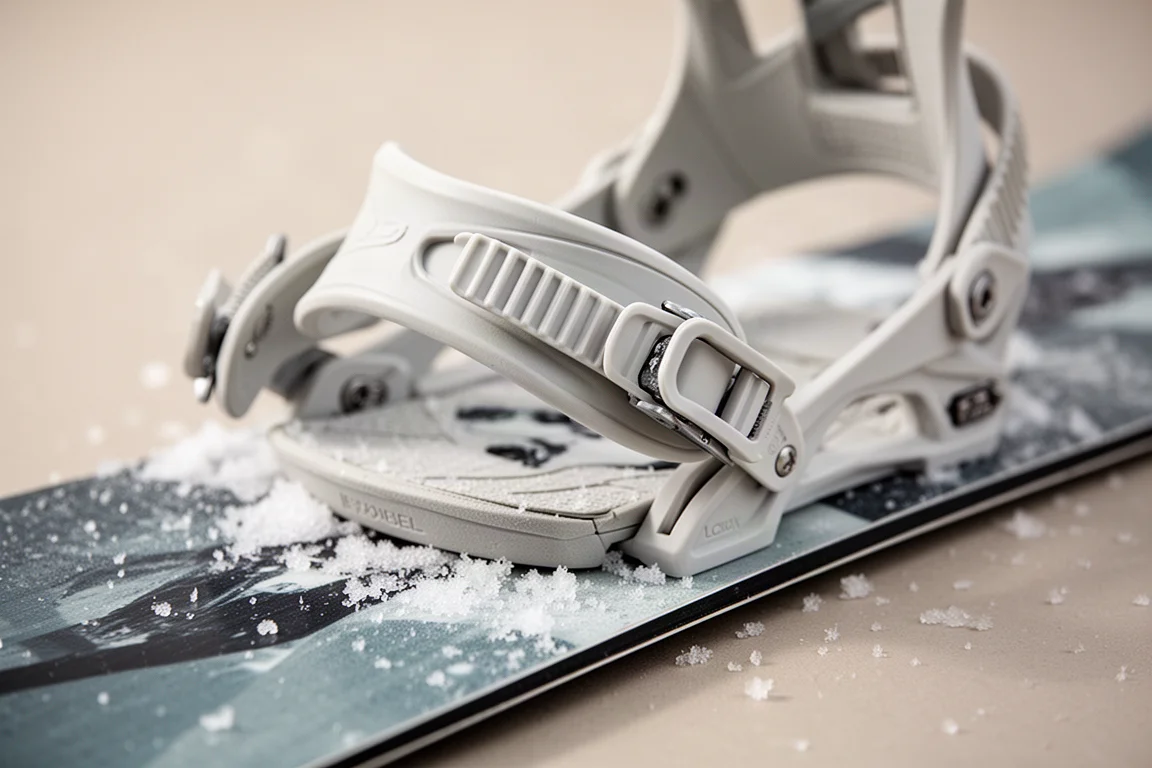 Nahaufnahme einer Snowboard-Binding mit Knöchelstrap und Ratschenschnalle