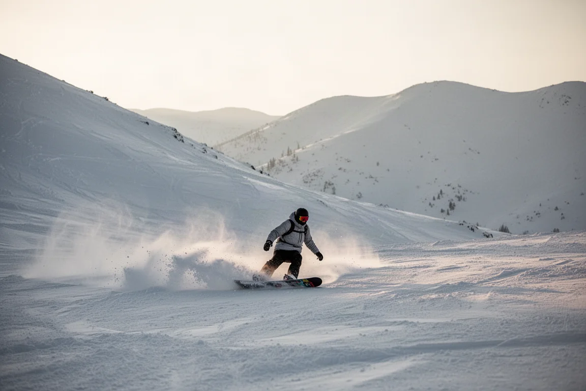 Snowboarder carving soft turns through fresh snow on an open mountain face