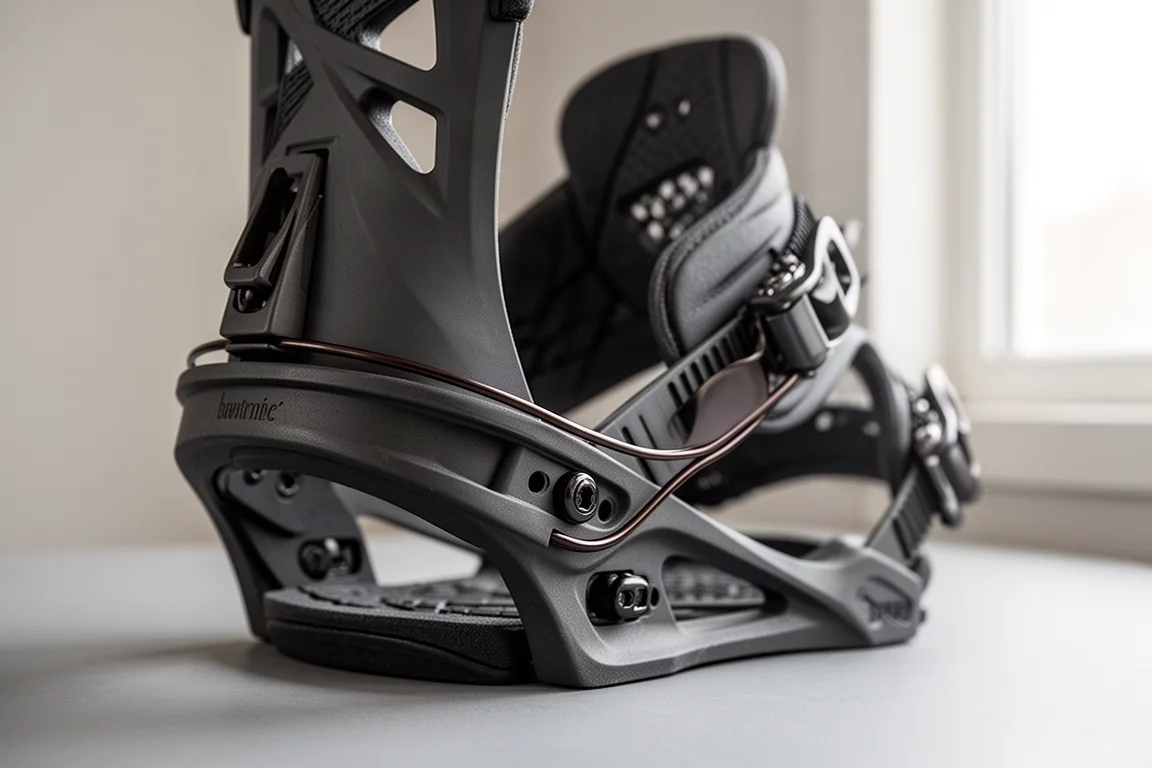Close-up of a snowboard binding heel cup and highback detail on a neutral surface