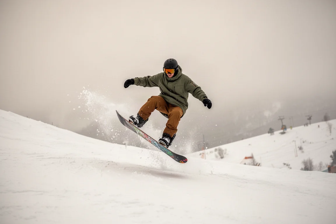 Snowboarder pressing and tweaking a grab on a mellow slope