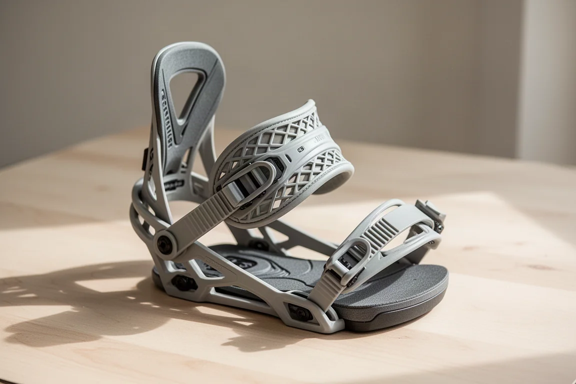 Snowboard binding straps and footbed detail laid out for inspection