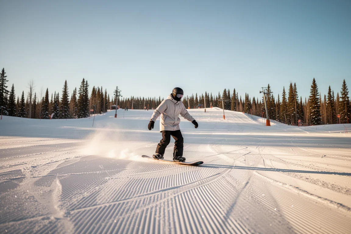 Snowboarder deslizándose por una pista recién preparada bajo cielos azules despejados