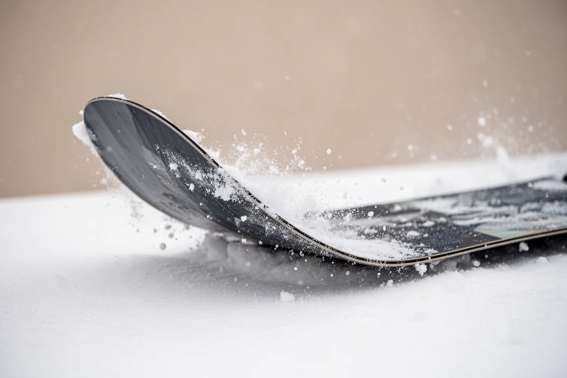 Primer plano de la cola de una tabla apoyada en un butter sobre nieve suave