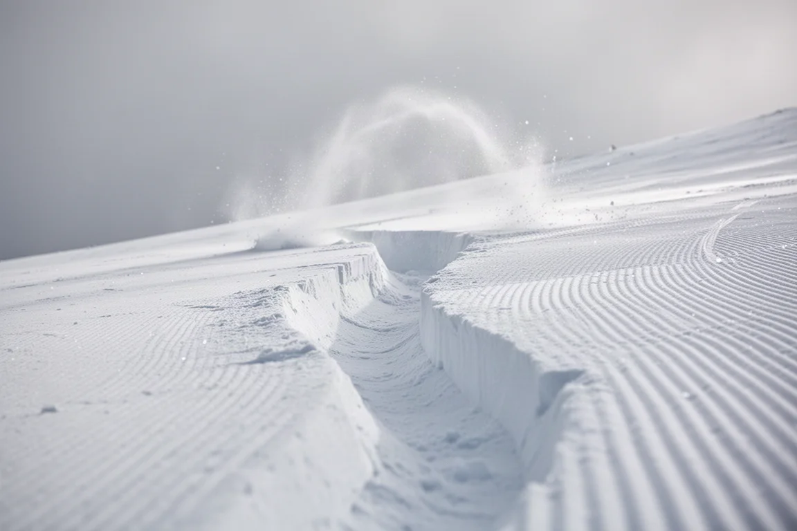 Surco profundo de un carved en una pista preparada con nieve saliendo del canto de la tabla
