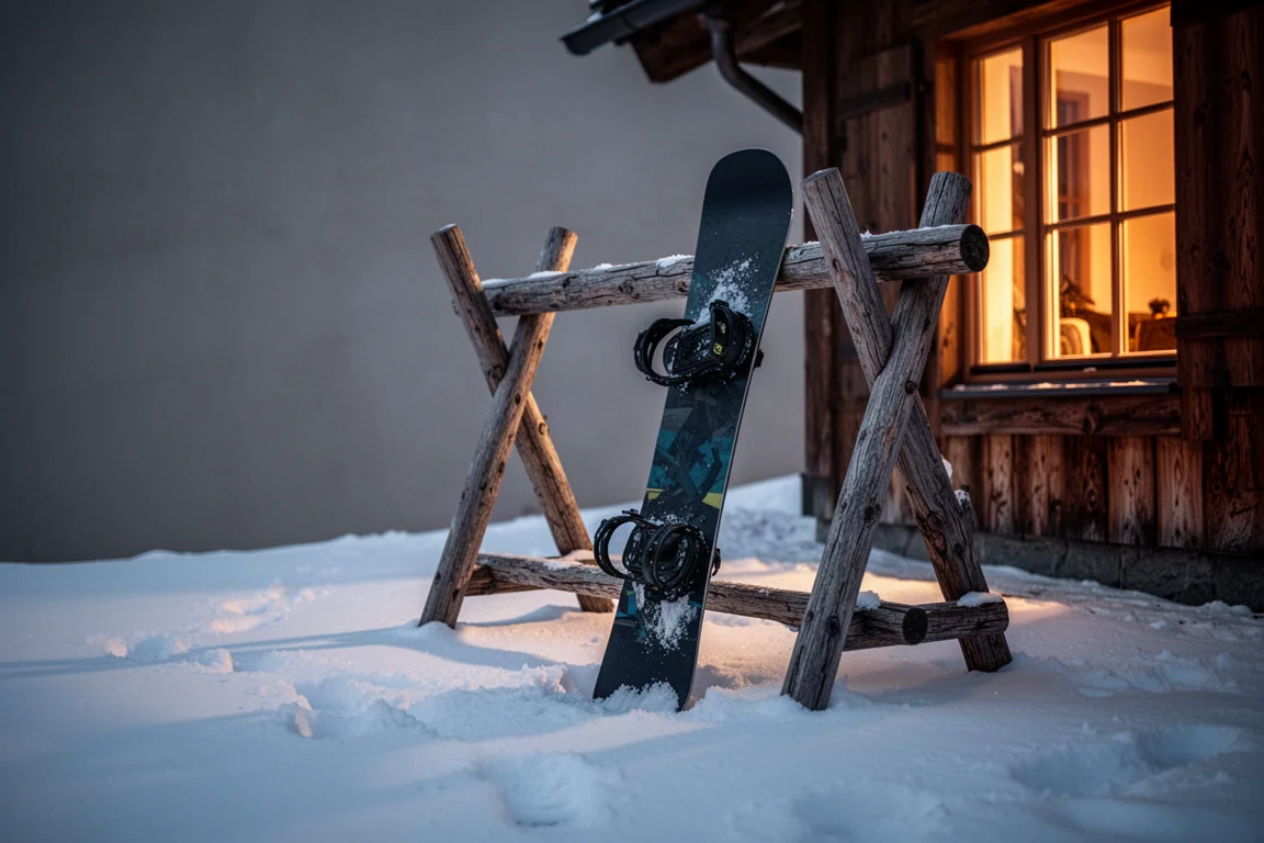 Tabla de snowboard apoyada en un rack de madera frente al lodge de una estación al atardecer