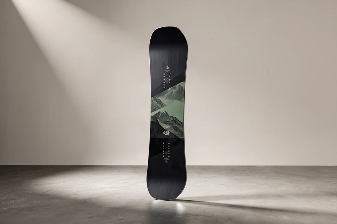 All-mountain freestyle snowboard standing upright on a matte concrete floor