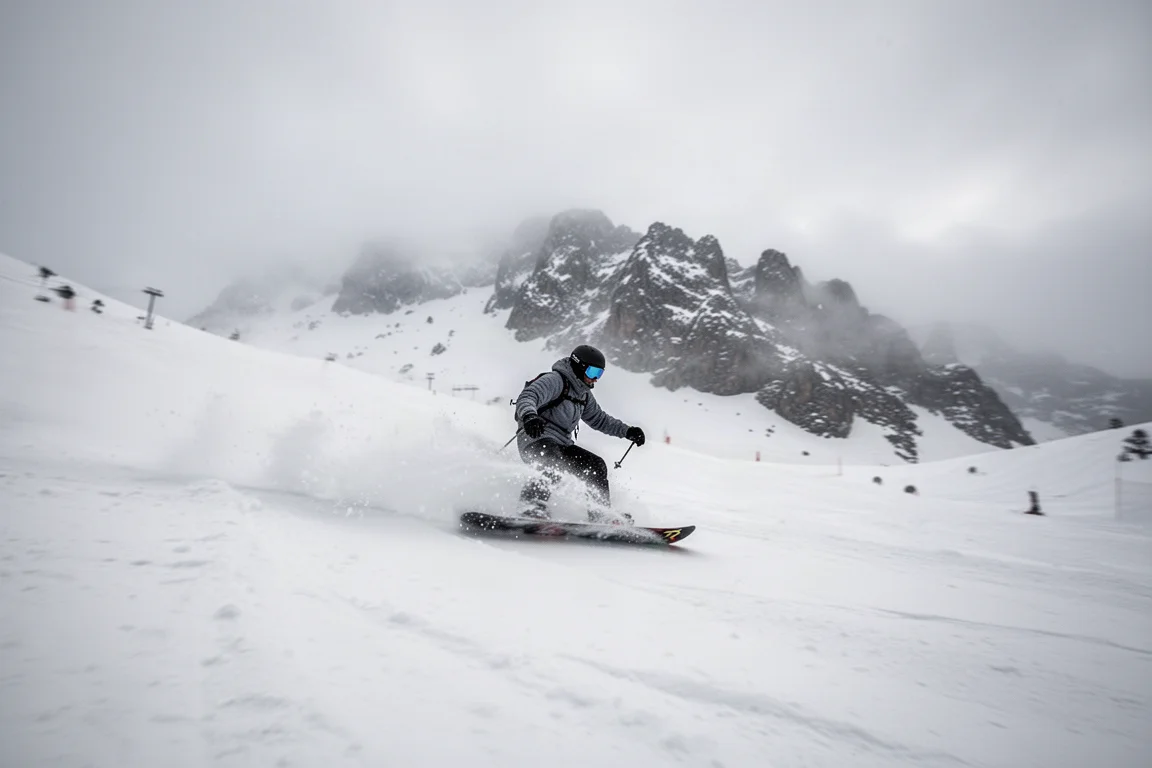Attacchi da snowboard fissati a una tavola su piste battute fresche al mattino con luce piatta