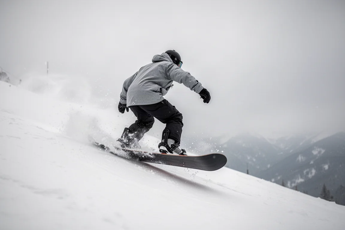 Rider in curva su una larga pista battuta con cime innevate sullo sfondo