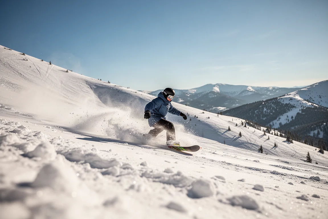 Snowboarder riding through choppy snow on a bright sunny day