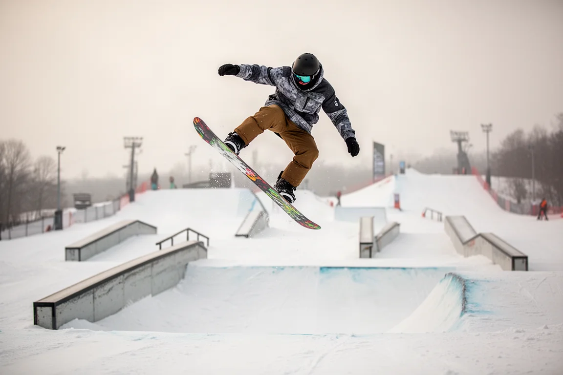 Snowboarder tweaking a grab mid-air in a terrain park