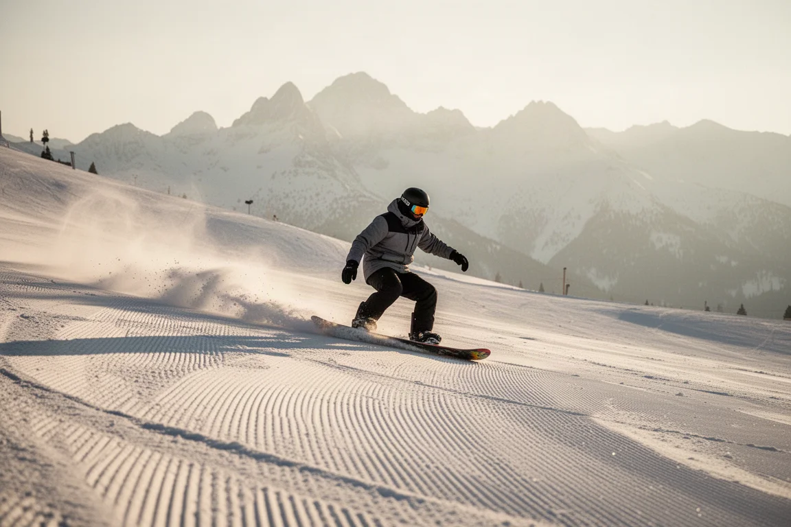 Snowboarder linking relaxed turns down a wide groomed slope