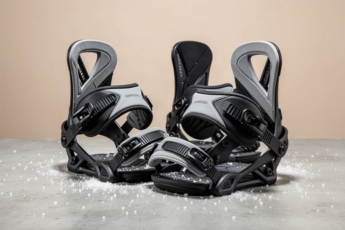 Pair of Salomon Hologram snowboard bindings on a concrete surface