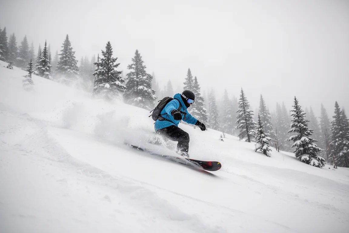 Snowboarder che galleggia nella neve polverosa profonda su terreno poco ripido