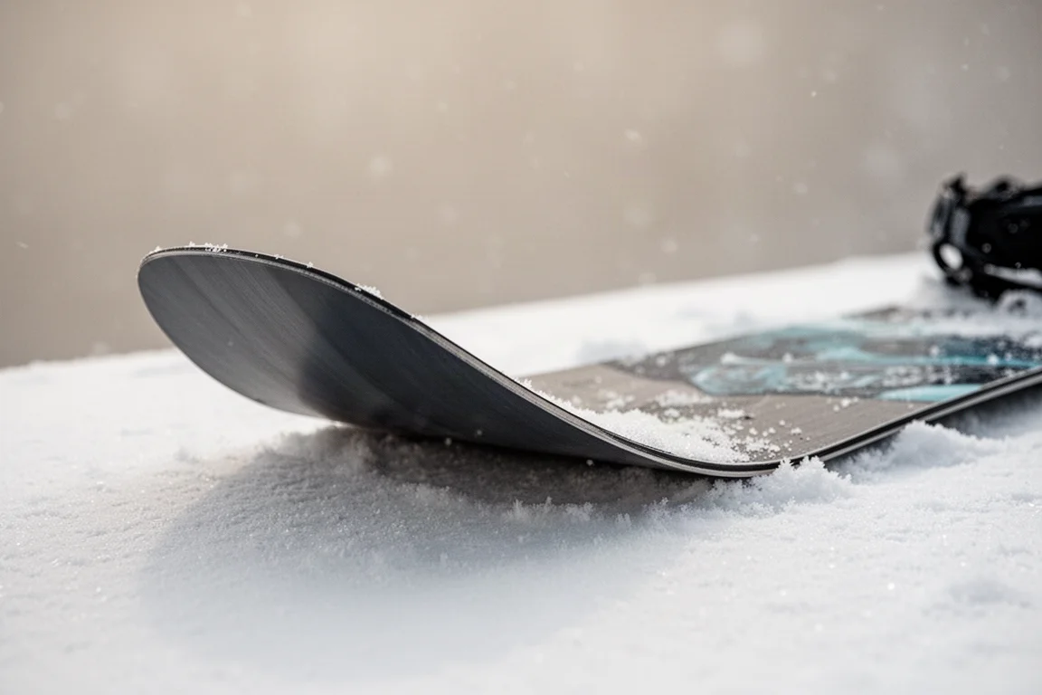 Primo piano del nose di una snowboard con lungo profilo rocker sulla neve