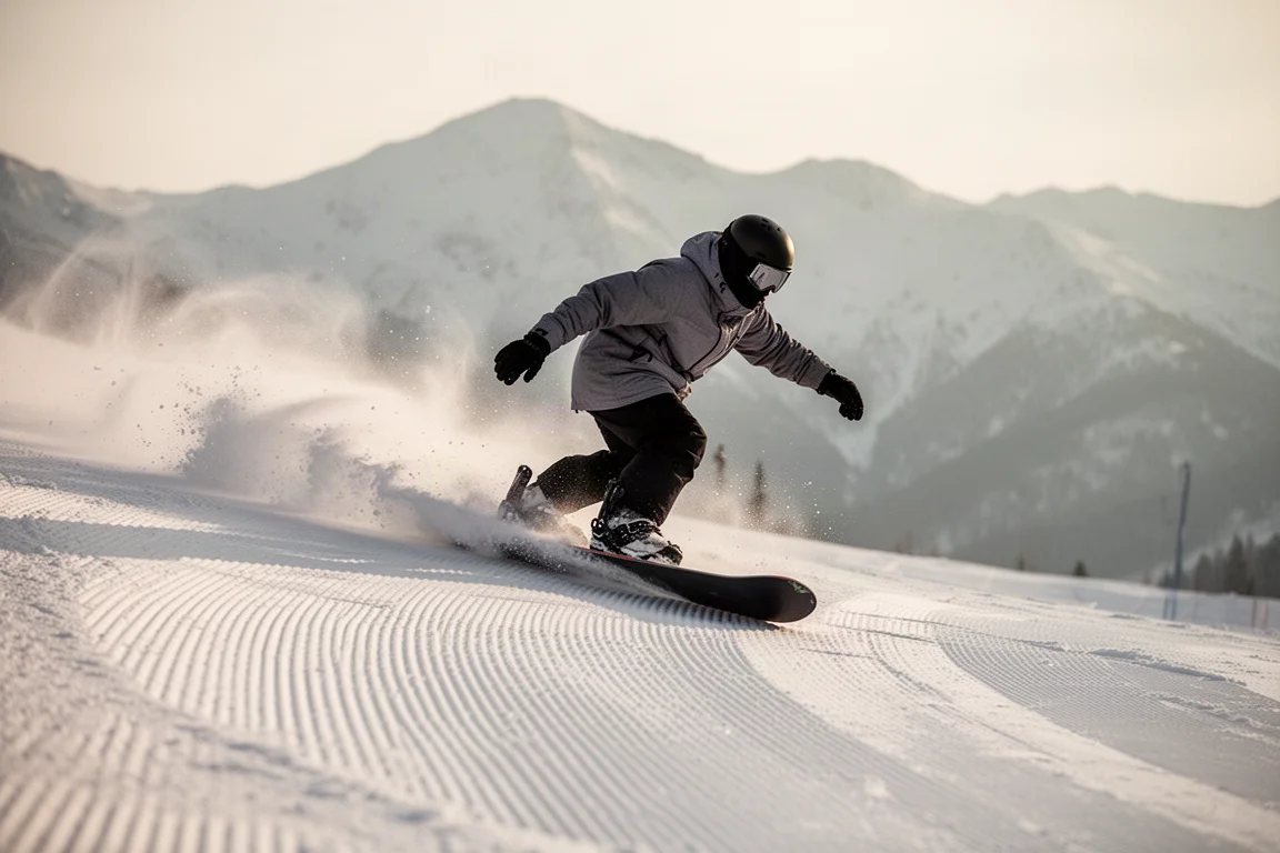 Snowboarder che traccia una curva su pista battuta con pressione sul piede posteriore