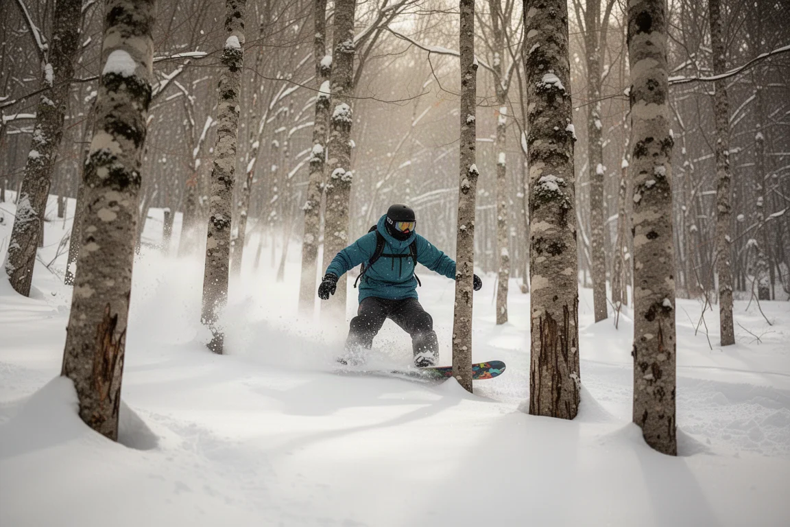Snowboarder che scende tra alberi fitti nella neve polverosa