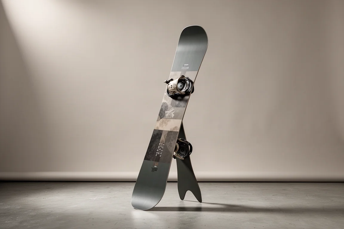 Snowboard direzionale da polvere Salomon HPS Fish in verticale su sfondo grigio