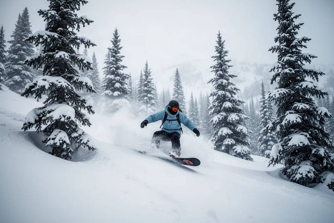 Snowboarder riding through powder in a tree line on a mountain slope