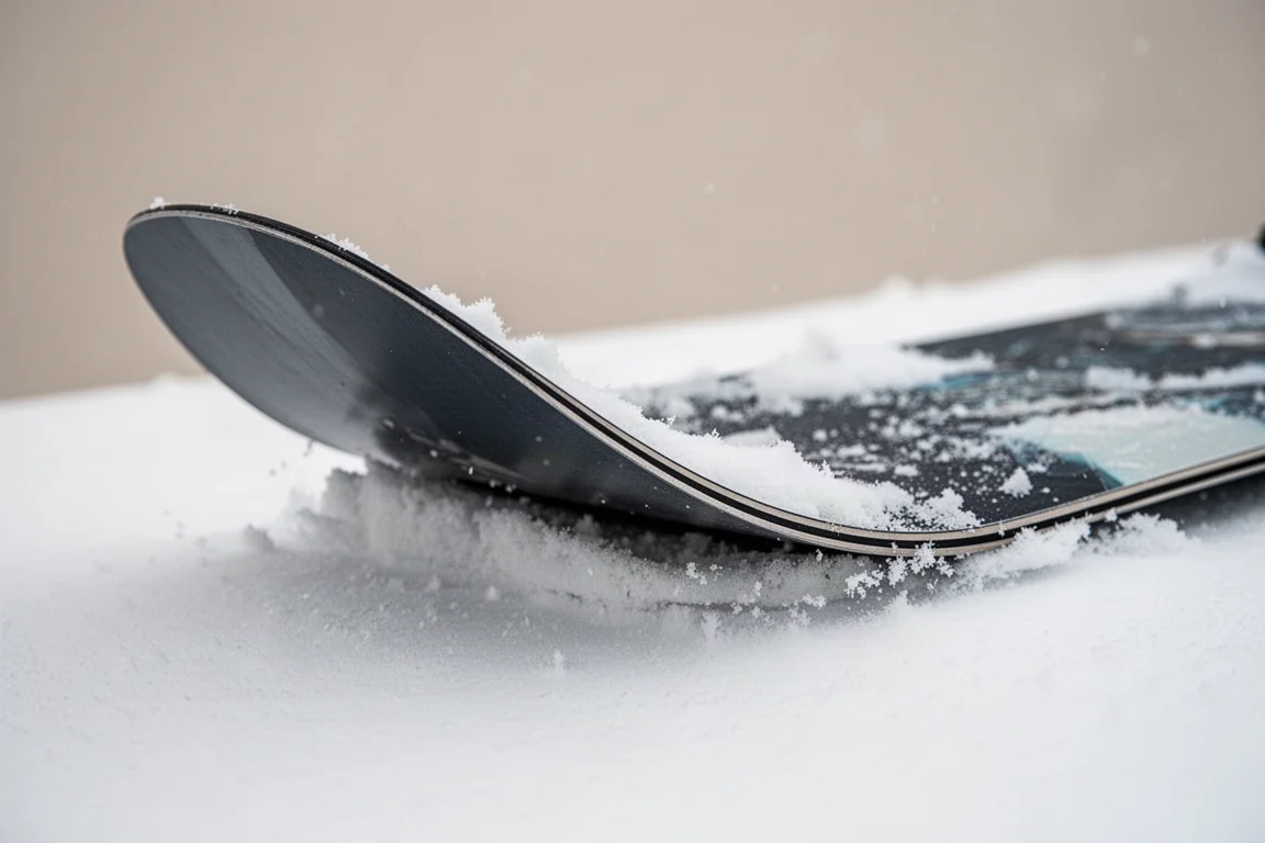 Close-up of a snowboard tail loaded against snow to show flex