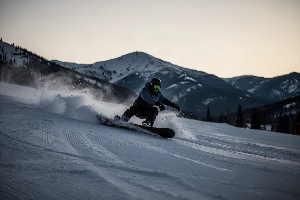 Snowboarder laying down a carve on a groomed run at dusk