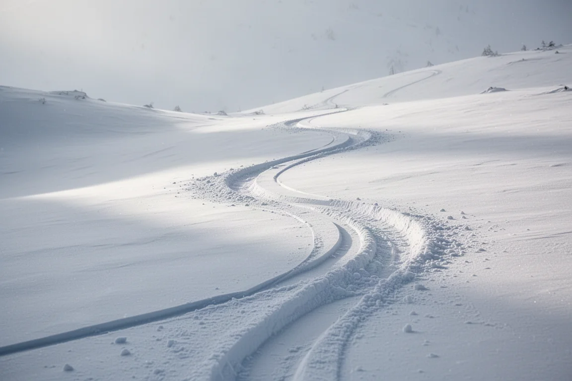 Snowboard tracks curving through untouched powder snow