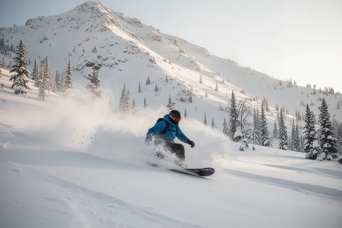 Snowboarder descendiendo por nieve polvo profunda en una pista soleada de fuera de pista