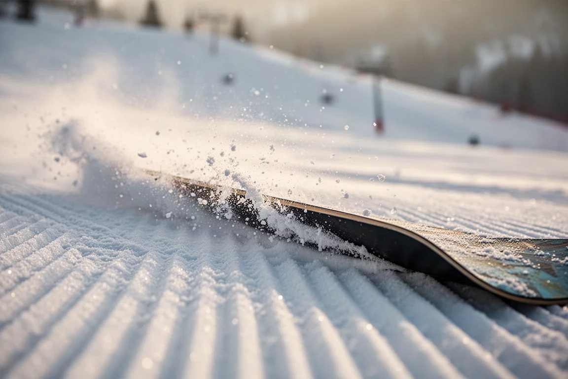 Primer plano del canto de una tabla de snowboard clavándose en la nieve durante un carve