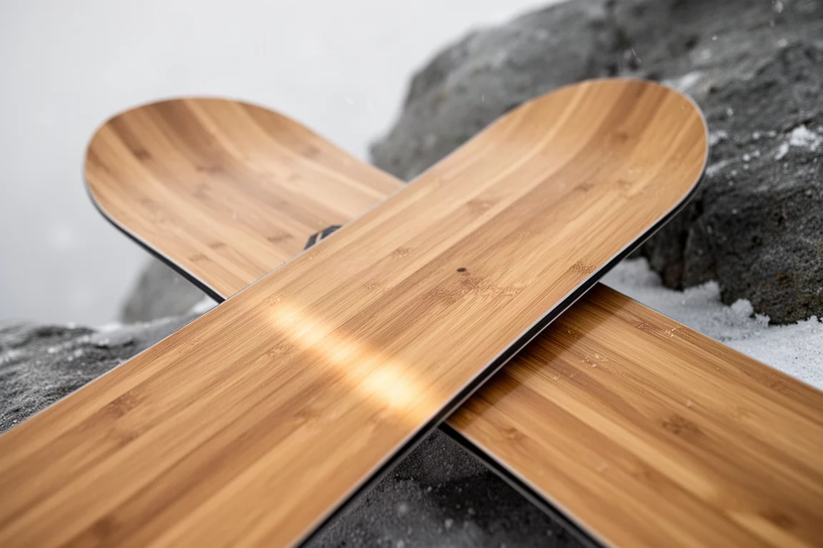 Chapa superior de madera natural de bambú en una tabla de snowboard bajo luz suave