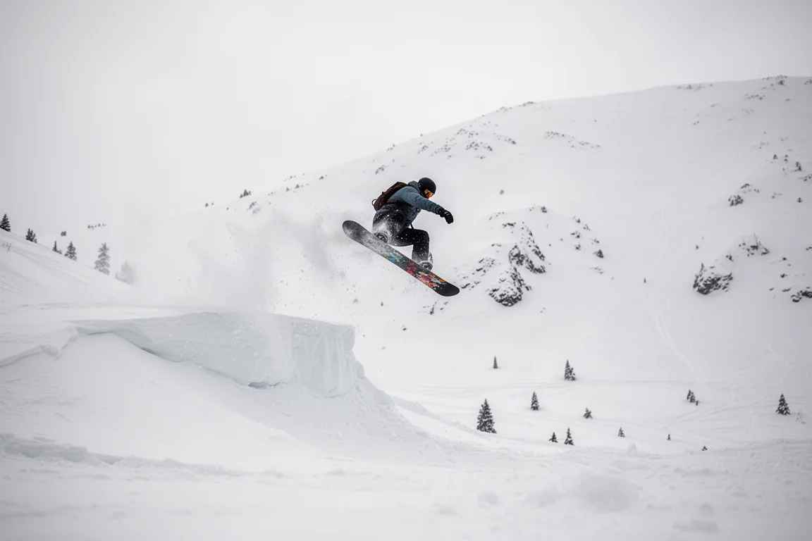 Snowboarder saltando desde un corniche de nieve en terreno abierto de alta montaña
