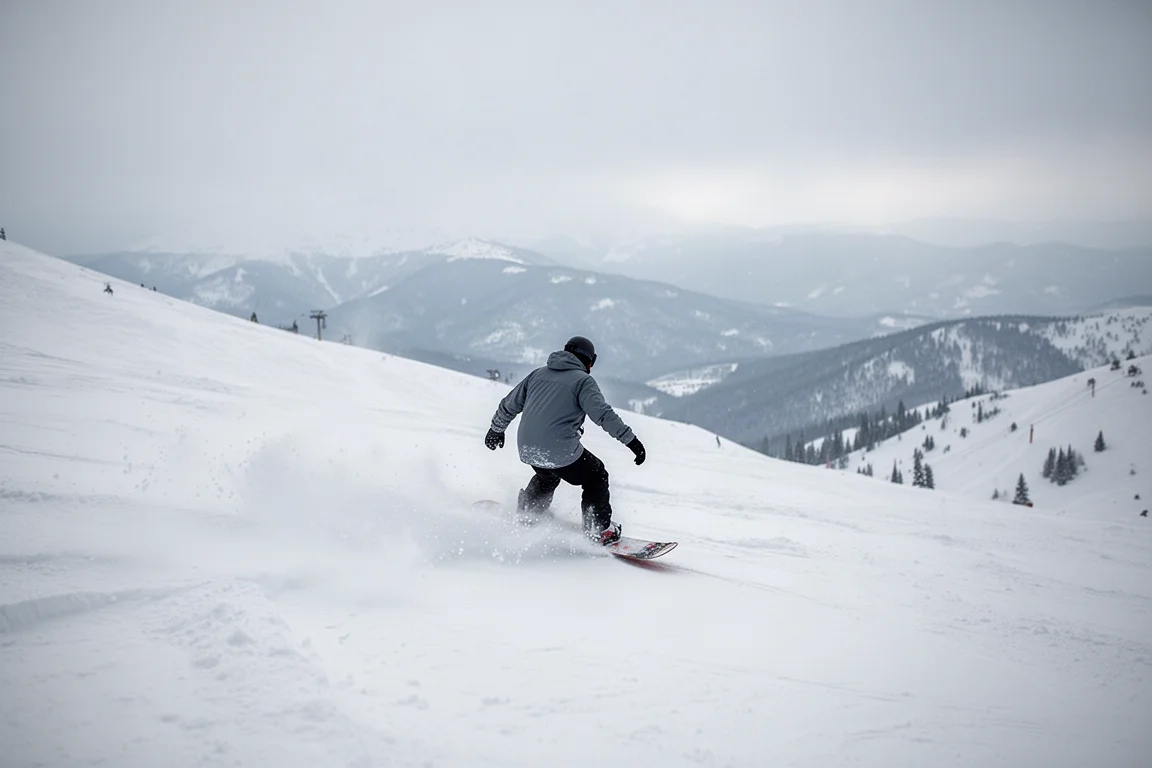 Snowboarder surfing deep powder turns on a wide open mountain face
