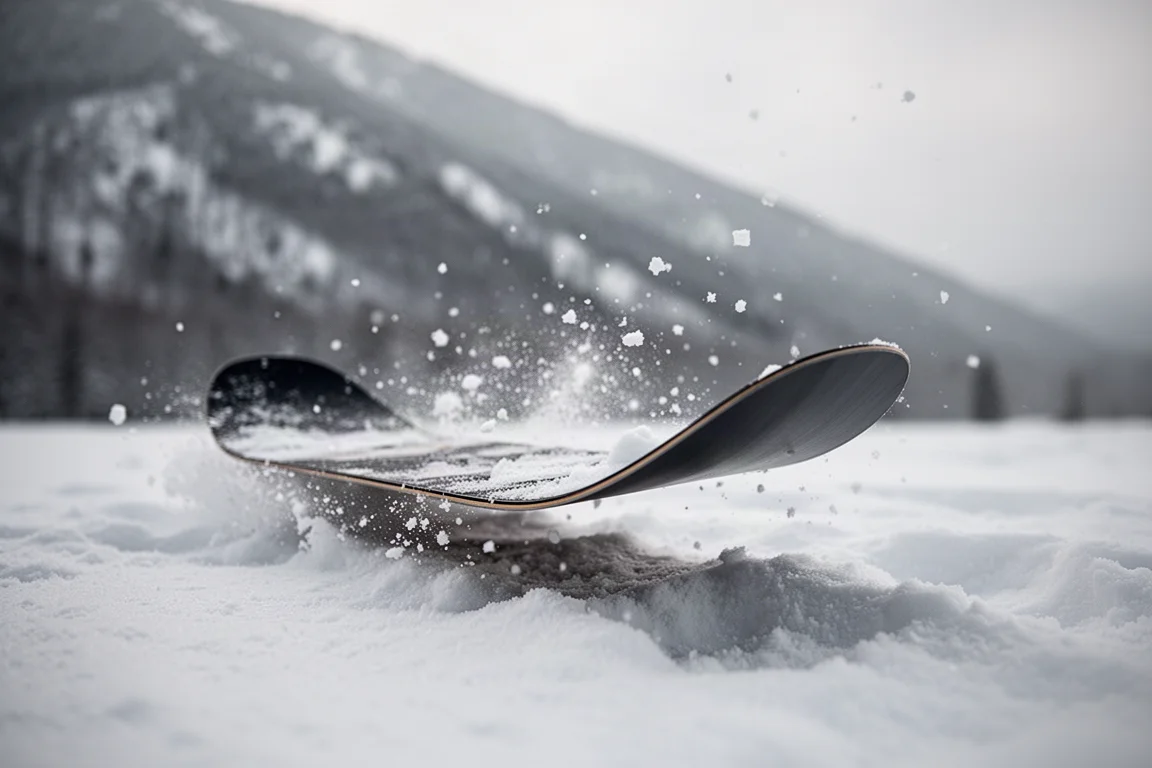 Close-up of a snowboard nose floating in soft choppy snow