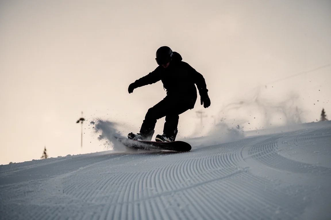 Snowboarder pressing the nose of the board during a playful butter on a groomer