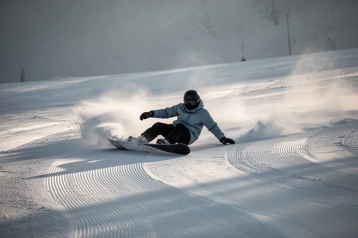 Snowboarder laying over a deep carve on a quiet groomed run