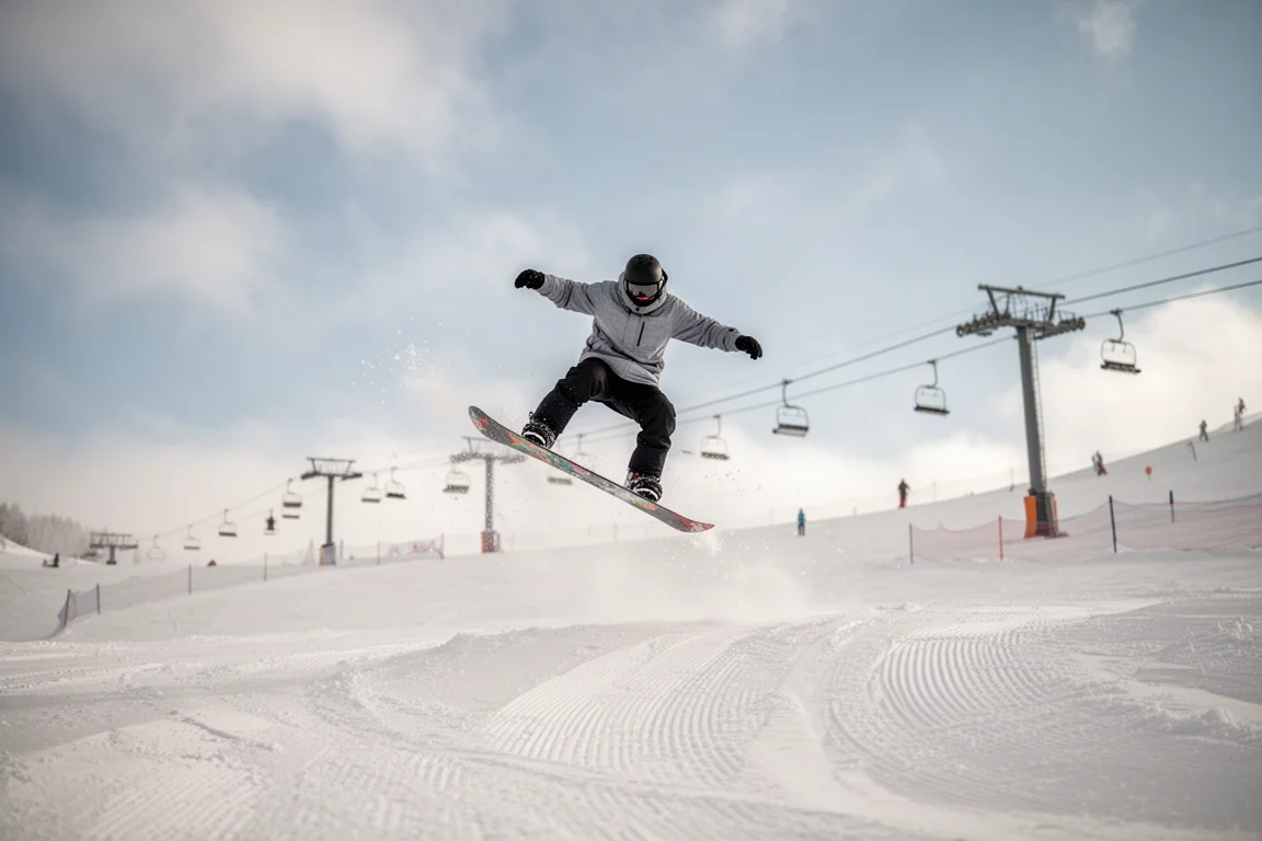 Snowboarder drückt flach auf einer verschneiten Parkrunde unter blauem Himmel