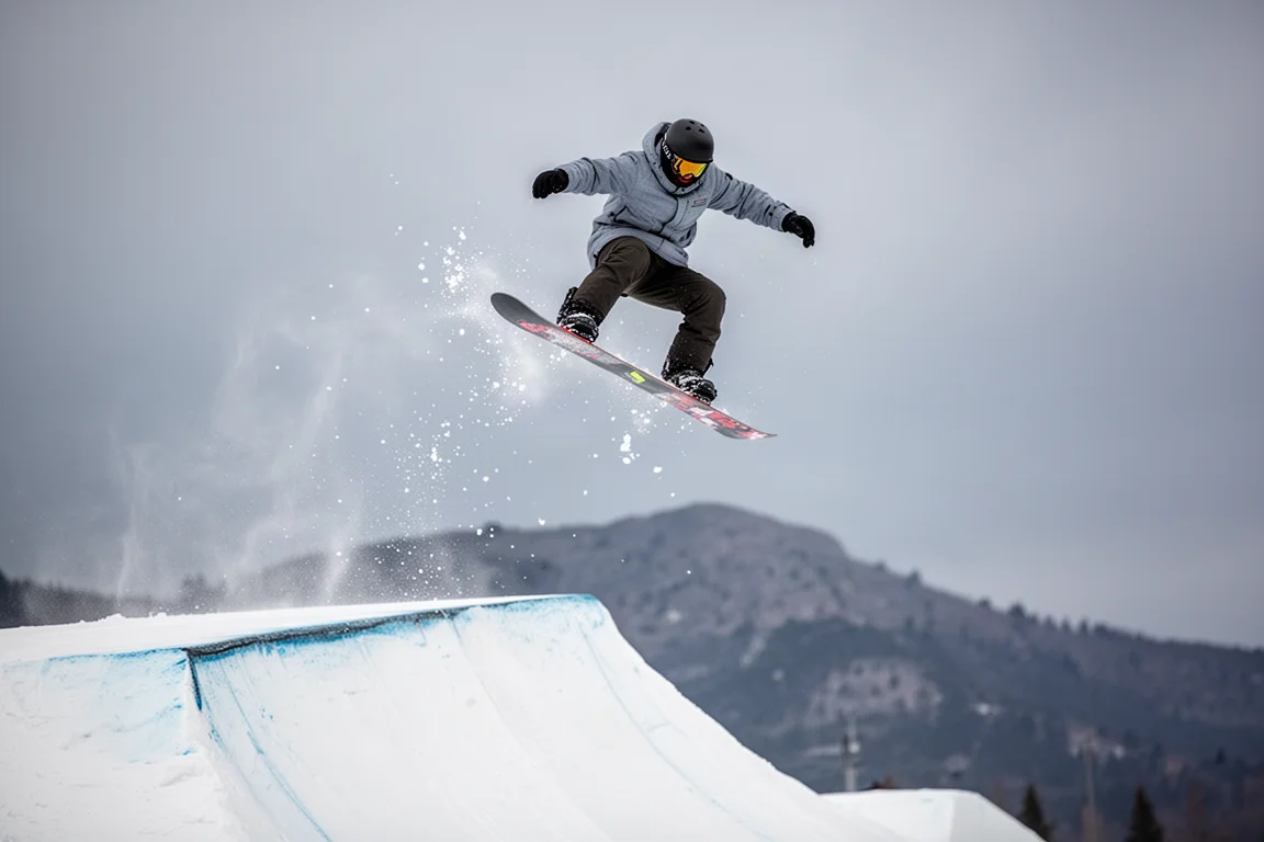 Snowboard startet an einem präparierten Park-Jump in einem Skigebiet