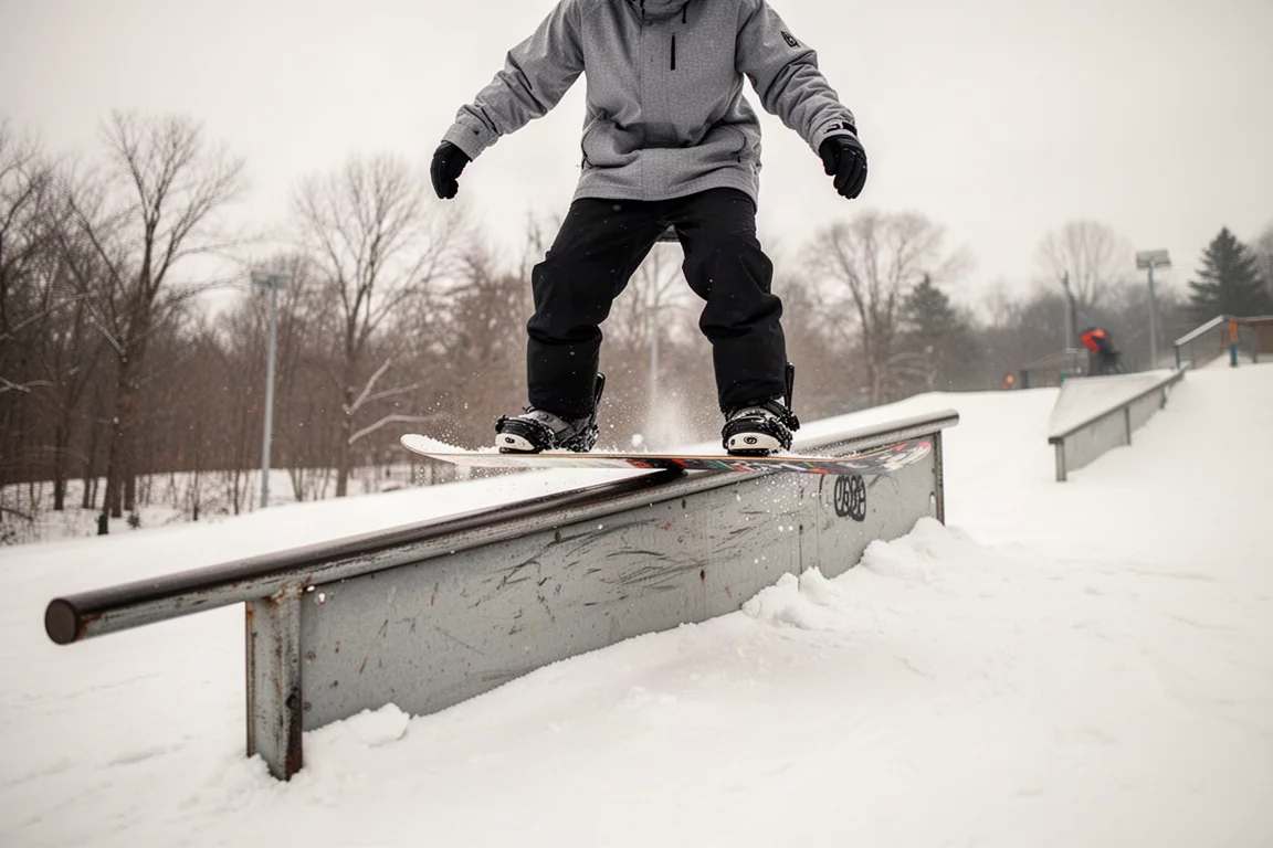 Snowboarder hält eine Tail Press an einer Parkrail