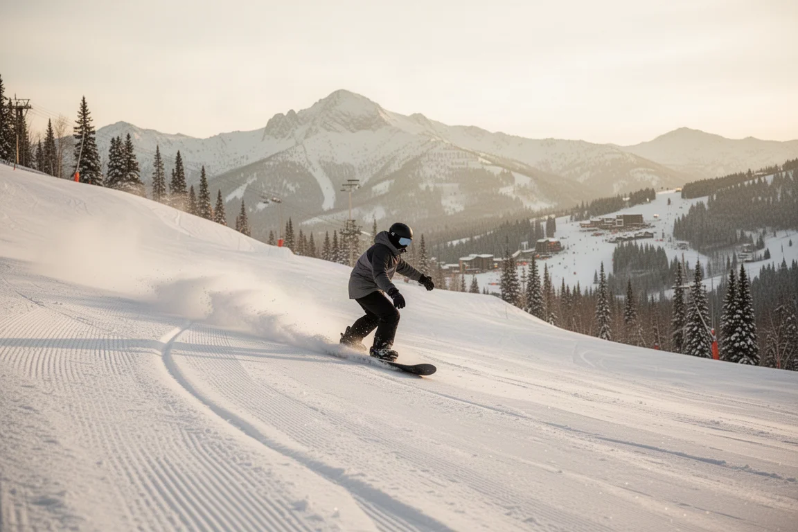 Snowboarder Carven sanfter Schwünge eine präparierte Bergabfahrt hinunter