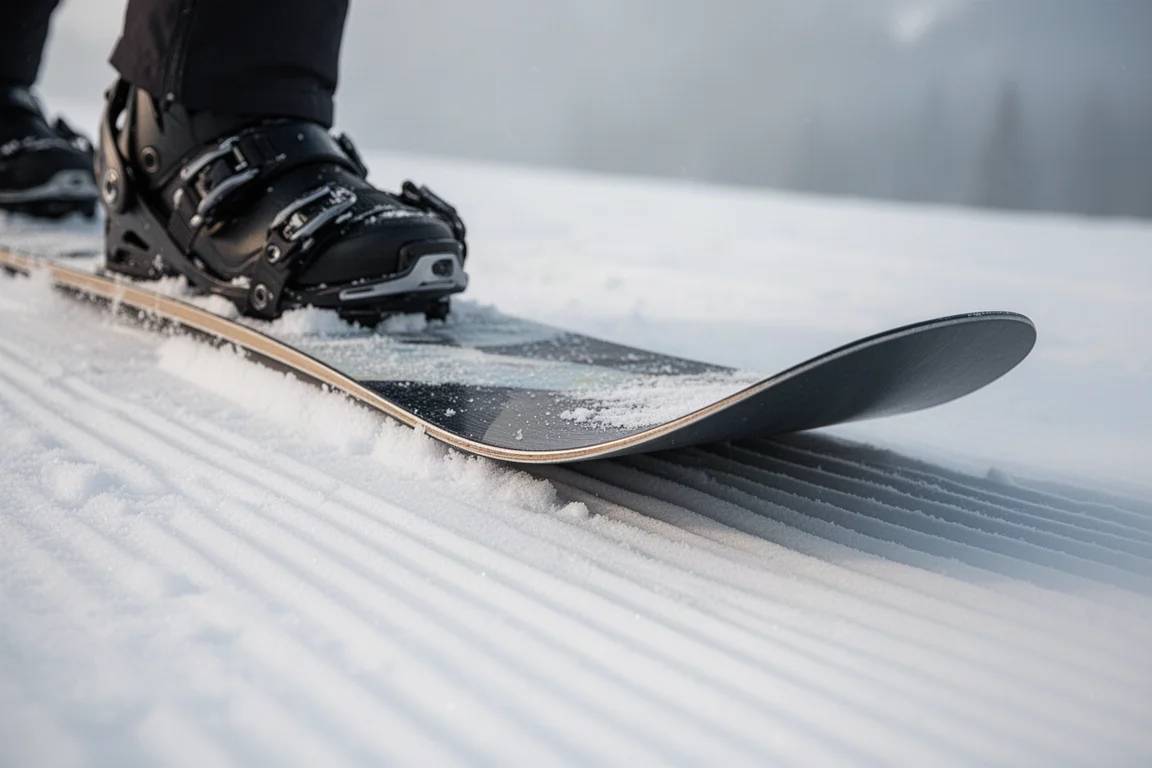 Primer plano del perfil de camber de una tabla de snowboard flexionando sobre la nieve
