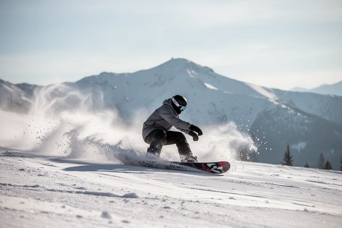 Snowboarder trazando un carve fuerte sobre una pista helada dejando una zanja