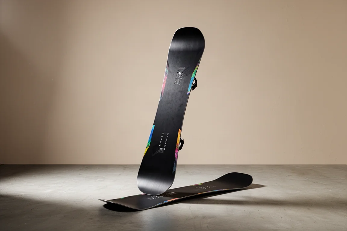 Tabla de snowboard Salomon Huck Knife Pro apoyada en vertical sobre un suelo de hormigón