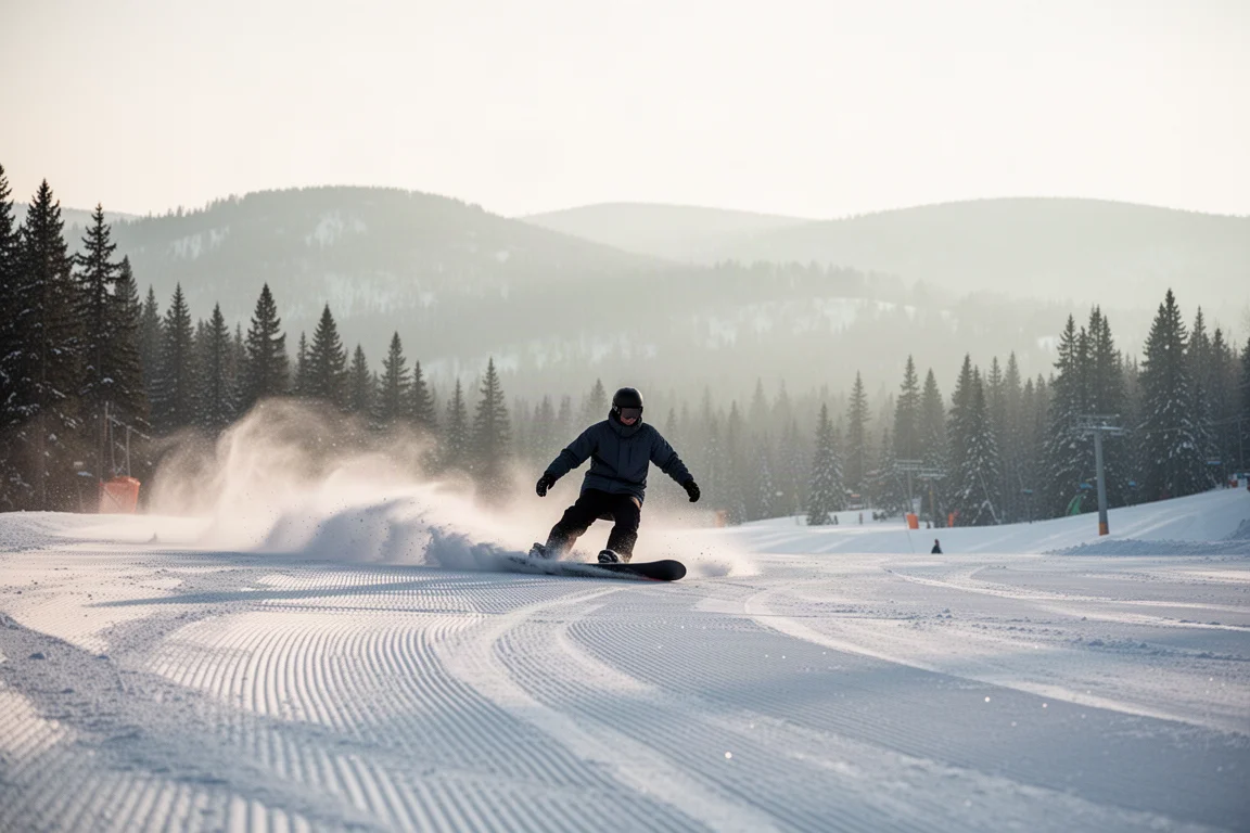 Snowboarder beim Boost über einen Park-Sprung im hellen Alpenlicht