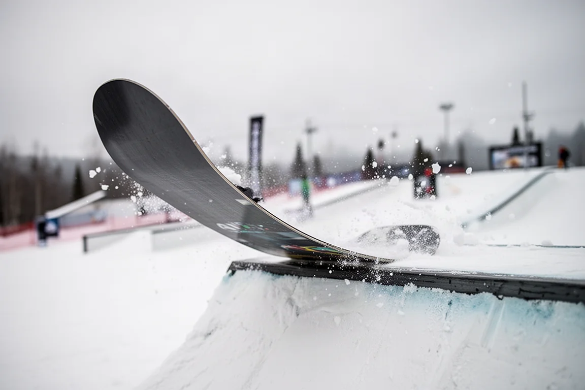 Nahaufnahme einer für Rails angefasten Snowboard-Kante