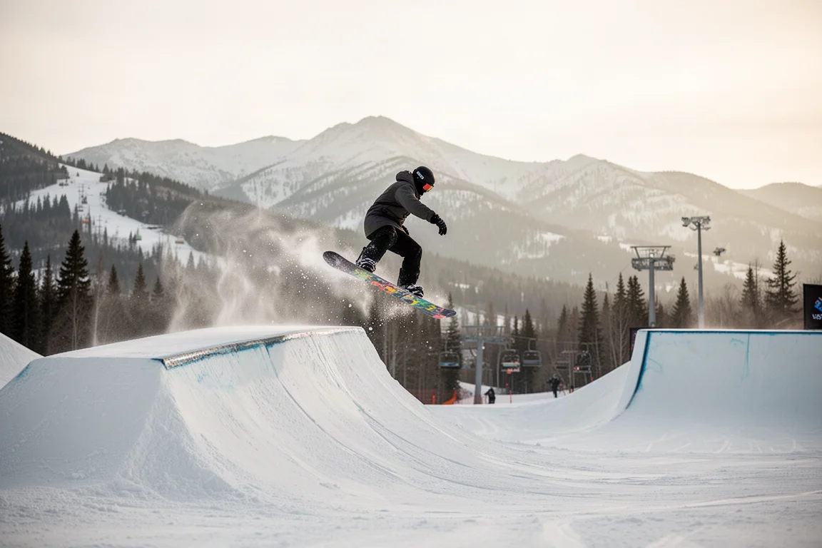 Snowboarder loading the tail of the board at the lip of a park jump