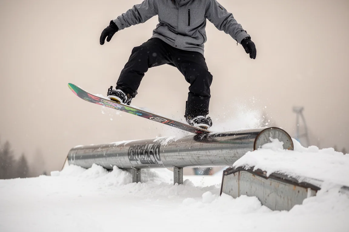 Snowboarder balancing on a park rail in soft overday light