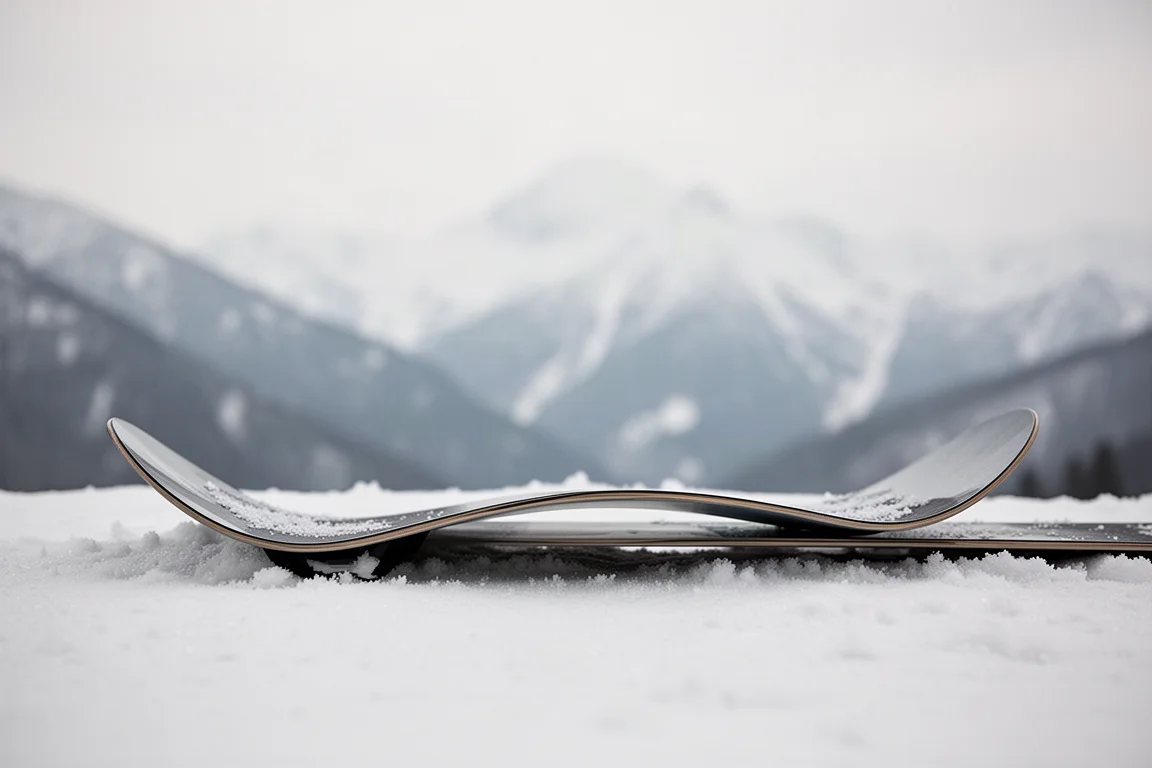 Close-up of a snowboard camber profile resting on snow