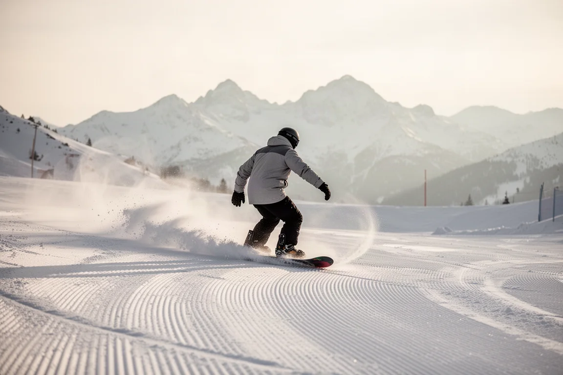Snowboarder carving on firm morning groomers