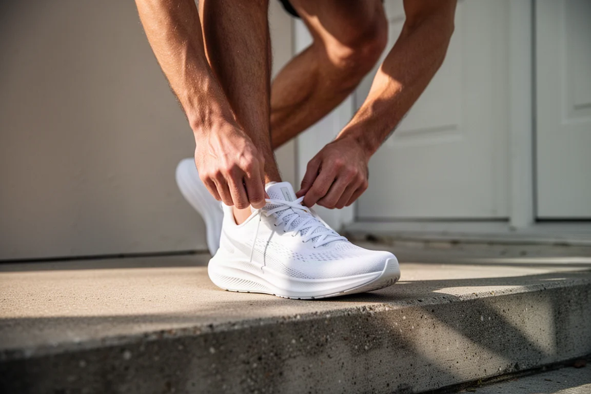 Coureur lacant une chaussure de running entièrement blanche sur un pas de porte à la lumière du matin