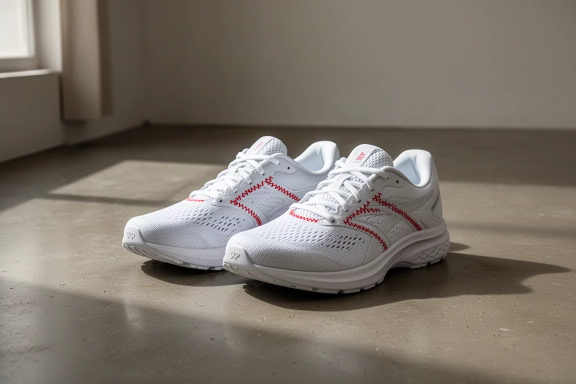 Paire de chaussures de running blanches posée sur un sol en béton après une course