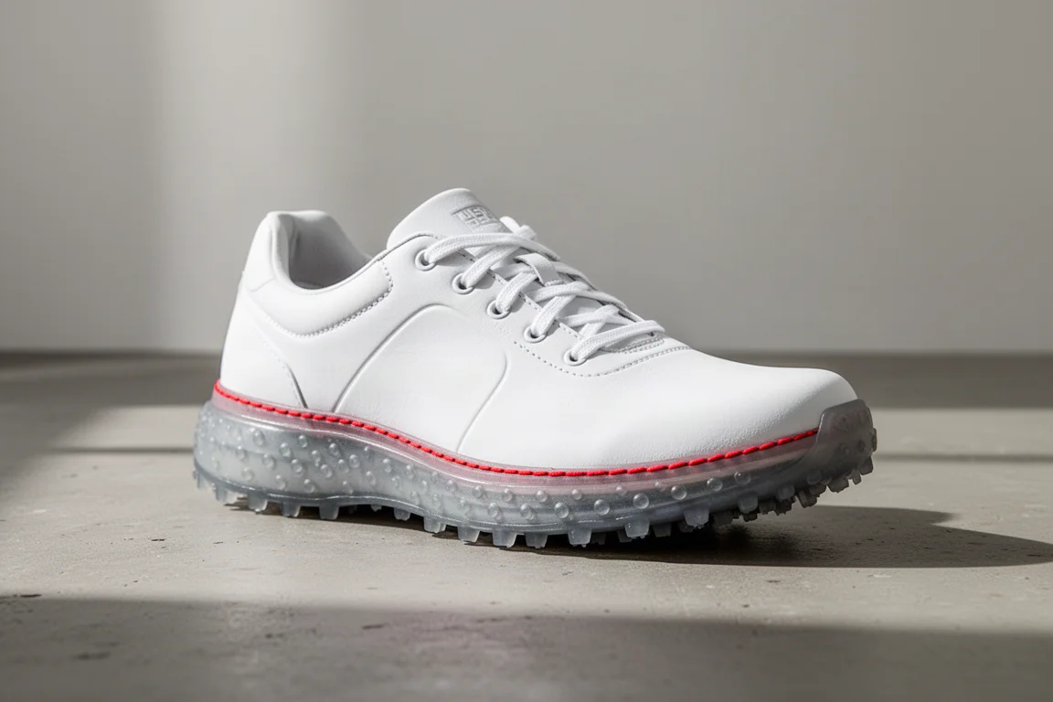 All-white Salomon Index 03 running shoe with red stitch line on concrete