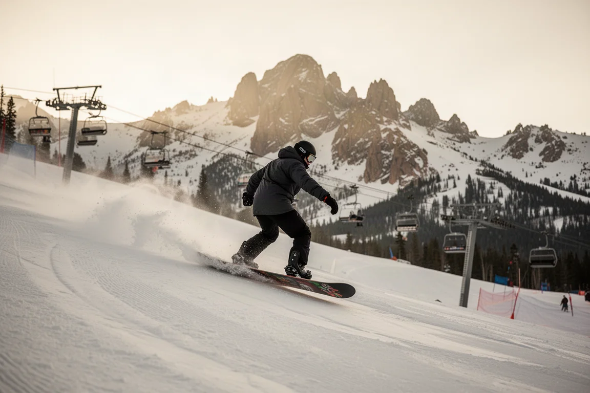 Snowboarder trazando curvas en pistas de montaña con suave luz matinal
